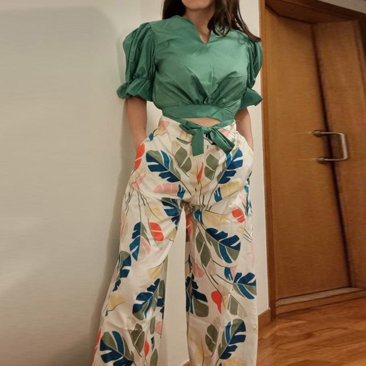 Damen Crop-Top und weit geschnittene Hose Set W&W Mode