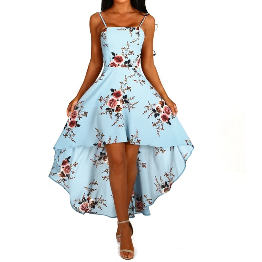 Damen asymmetrisches Blumenkleid mit dekorativen Spaghettiträgern und schwingendem Saum WW