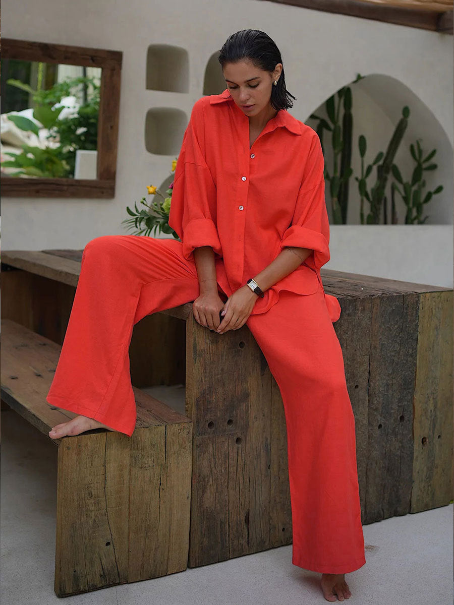 Damen Bequemes Leinen-Loungewear-Ensemble mit weiten Ärmeln und fließender Hose WW