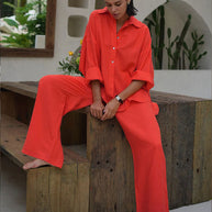 Damen Bequemes Leinen-Loungewear-Ensemble mit weiten Ärmeln und fließender Hose WW