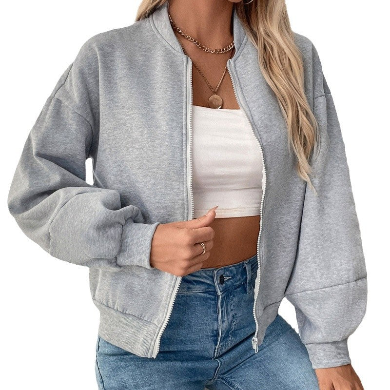 Damen sportliche Sweatjacke mit voluminösen Ärmeln und hohem Kragen WW