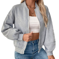 Damen sportliche Sweatjacke mit voluminösen Ärmeln und hohem Kragen WW