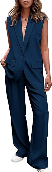 Damen ärmelloses Blazer-Set mit weit geschnittenen Hosen WW