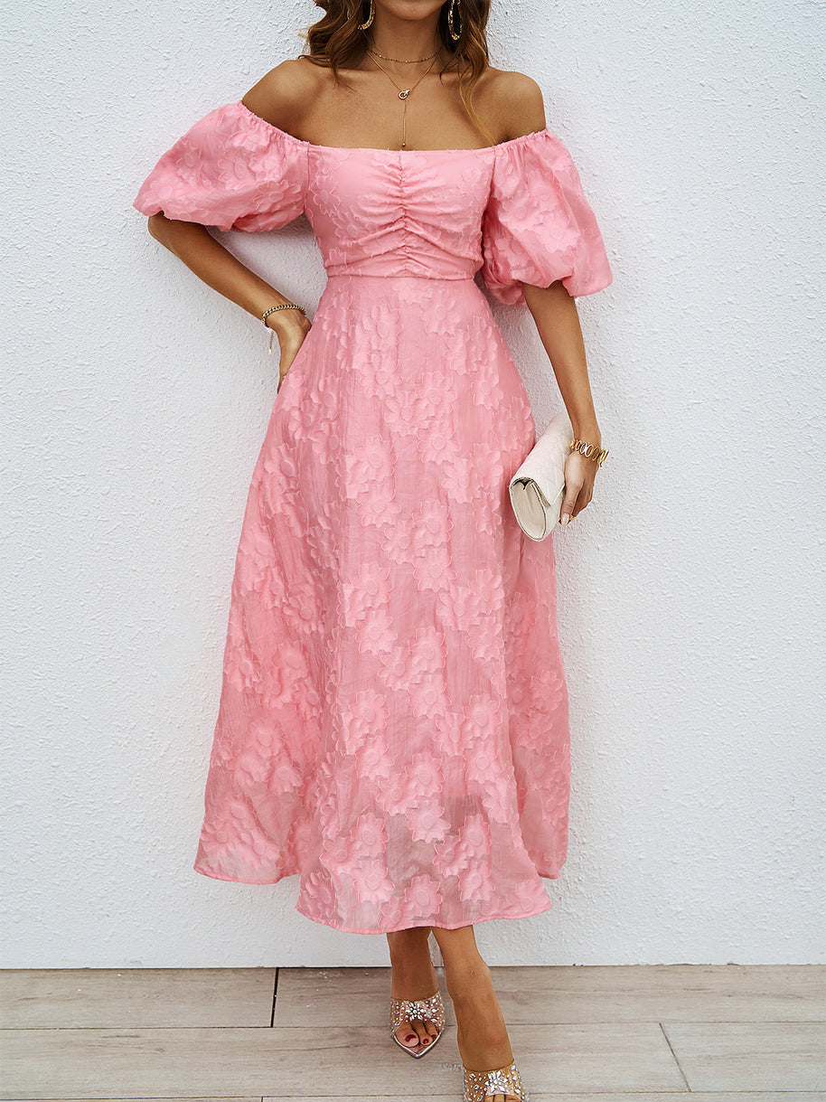 Damen elegantes Maxi-Kleid mit floralem Relief und schulterfreiem Design WW