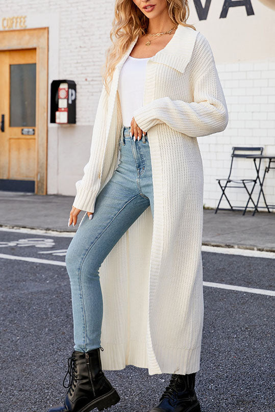 W&W Mode Unifarbenes Revers langes Strickcardigan