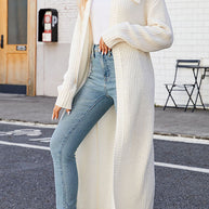 WW Unifarbenes Revers langes Strickcardigan