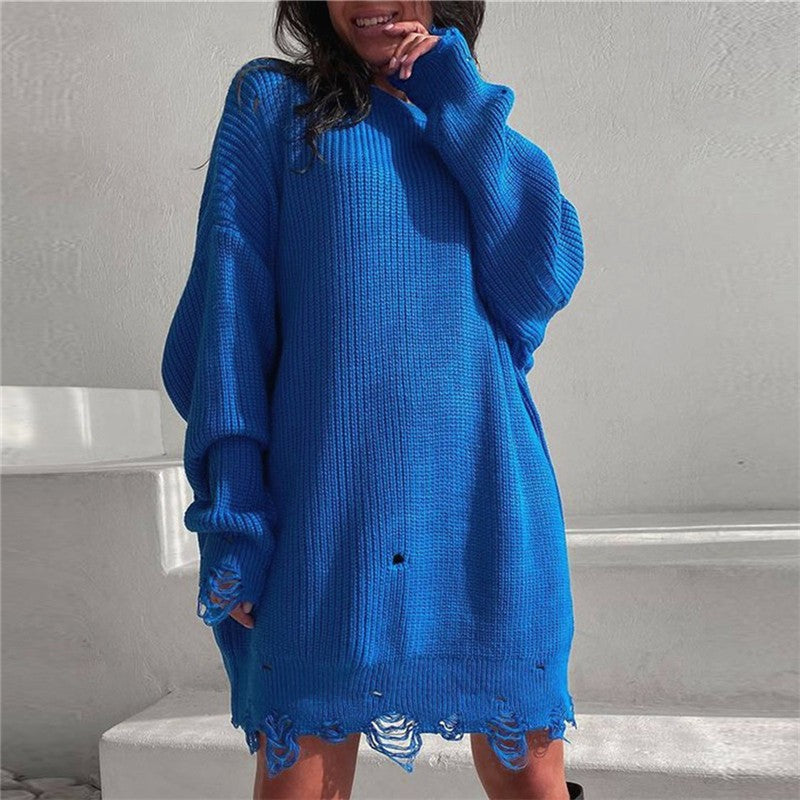 W&W Mode Ripped O Neck Oversized Sweater Kleid