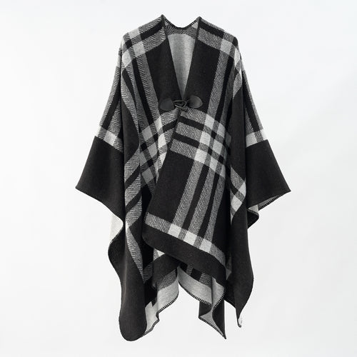 Damen Luxuriöser Geometrischer Poncho aus weichem Material mit dezenter Knopfverzierung WW