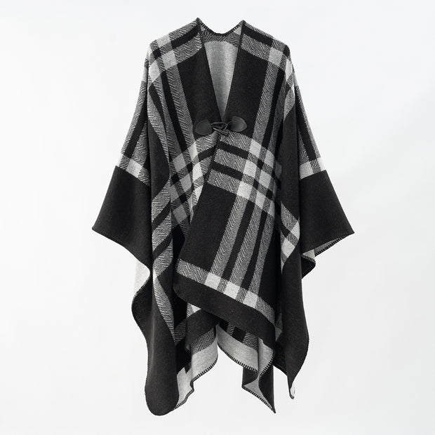 Damen Luxuriöser Geometrischer Poncho aus weichem Material mit dezenter Knopfverzierung WW