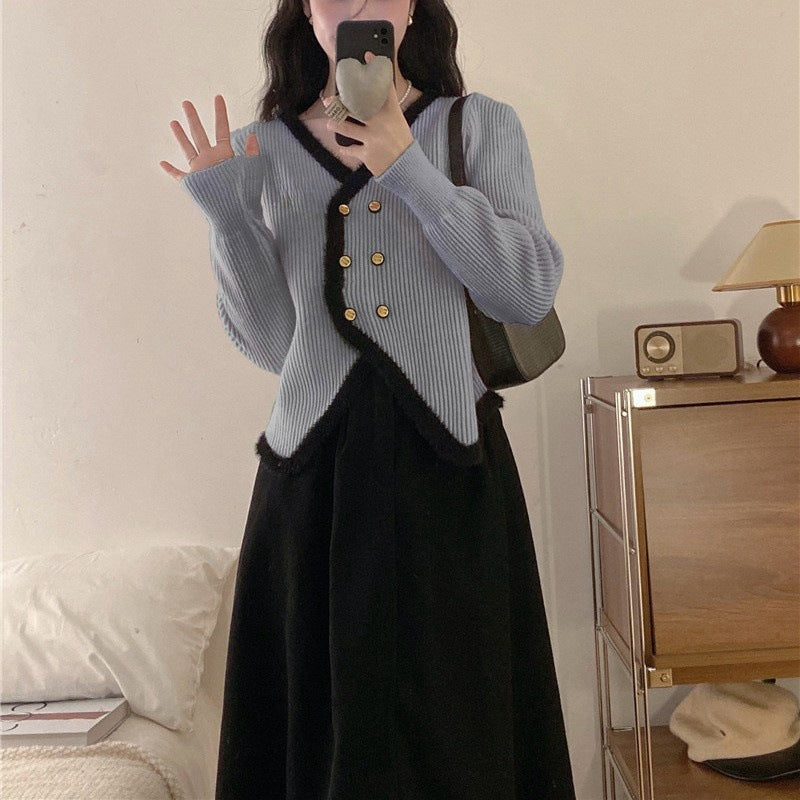 Damen Strickjacke mit asymmetrischem Schnitt und goldenem Knopfdesign WW