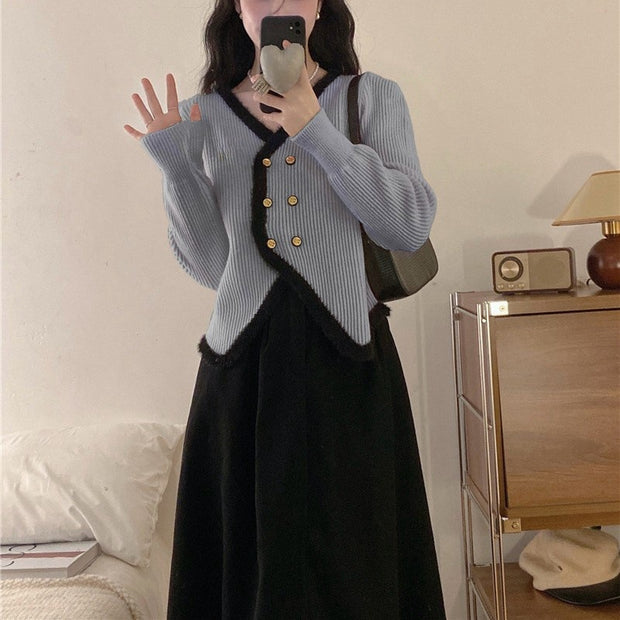 Damen Strickjacke mit asymmetrischem Schnitt und goldenem Knopfdesign WW