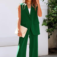 Damen ärmelloses Blazer-Set mit weit geschnittenen Hosen WW