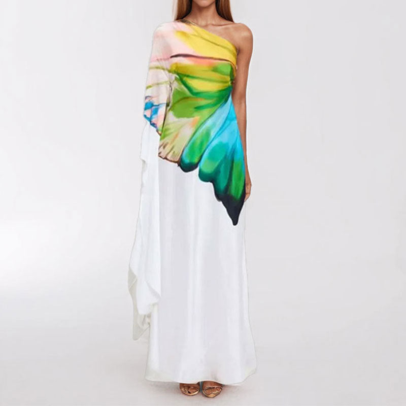 Damen Maxikleid mit asymmetrischem Design und künstlerischem Druck W&W Mode