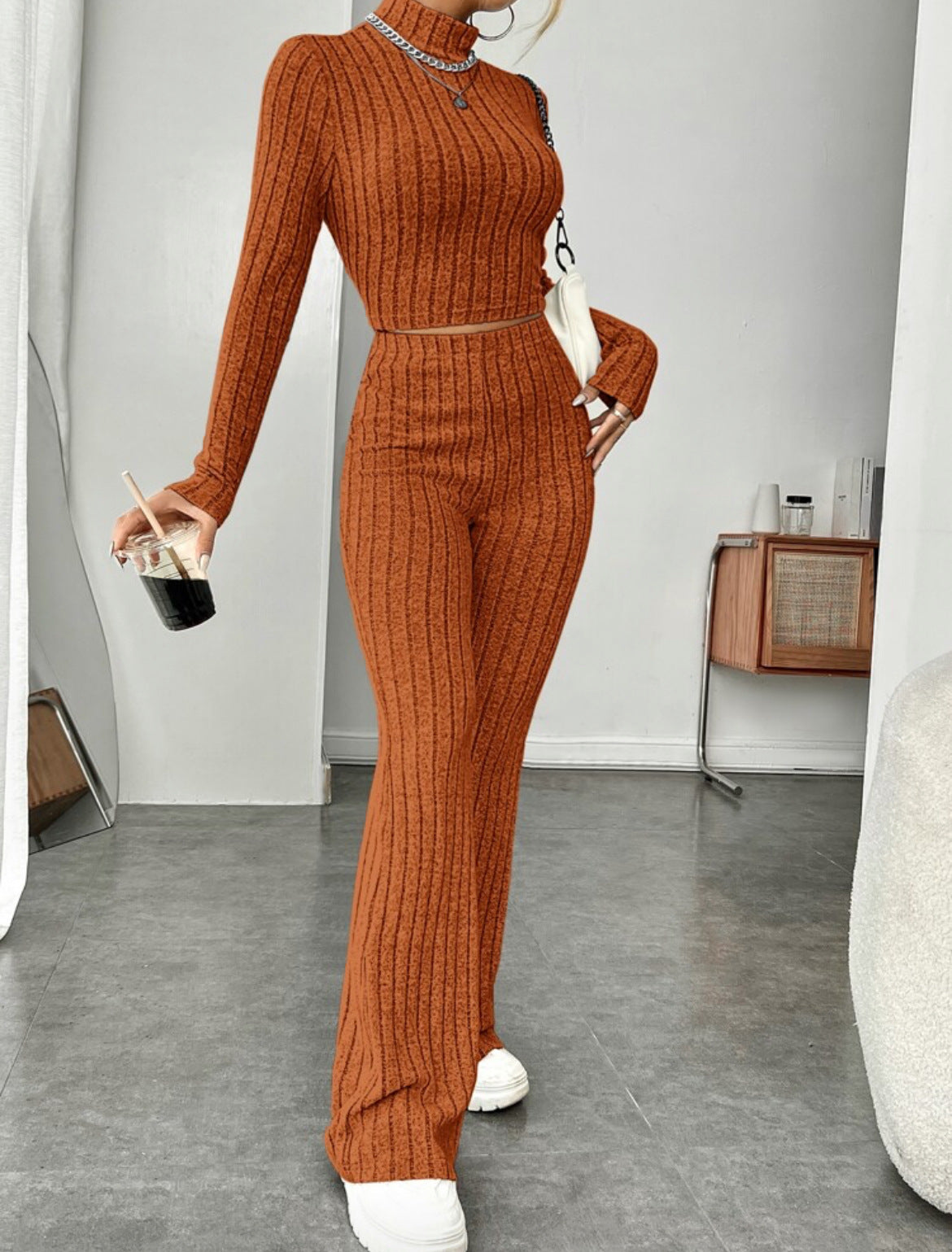 Damen sportliches Rippstrick-Loungewear-Set WW