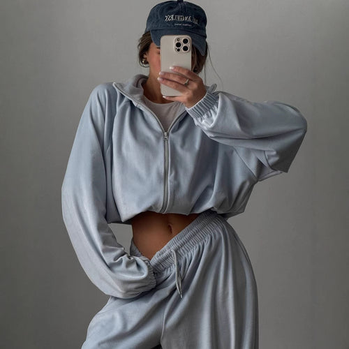 Damen sportlicher Fleece-Jogginganzug mit praktischen Taschen und hohem Kragen WW