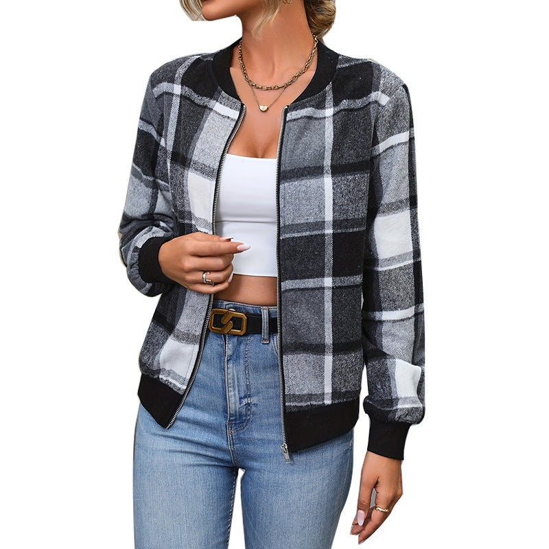 Damen gefütterte Karojacke mit durchgehendem Reißverschluss und elastischen Bündchen WW