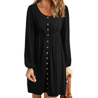 Damen knielanges Kleid mit Knopfdetails und elastischem Taillenzug WW