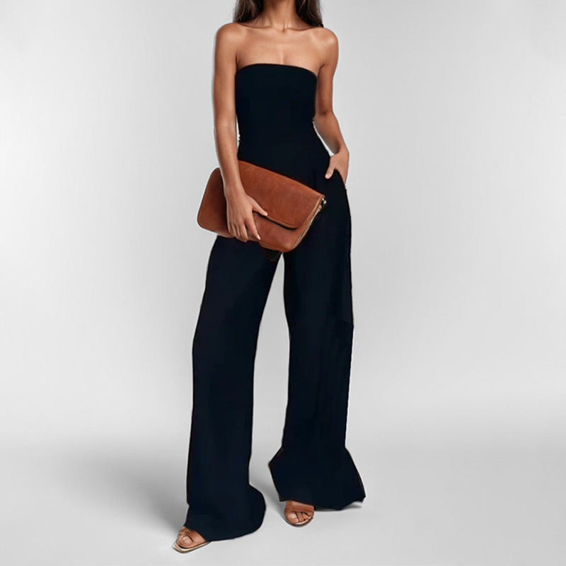 Damen Hochwertiger Jumpsuit mit schulterfreiem Design und weitem Bein WW