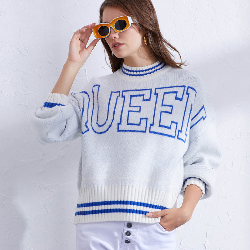 Damen sportlicher Pullover mit hohem Kragen und modischem Schriftzug WW