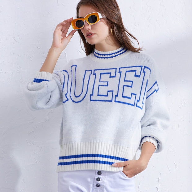 Damen sportlicher Pullover mit hohem Kragen und modischem Schriftzug WW