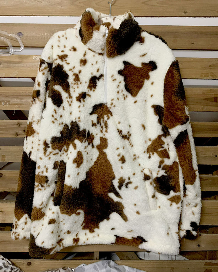 W&W Mode Kuhmuster Polar Fleece Reißverschluss Sweatshirt