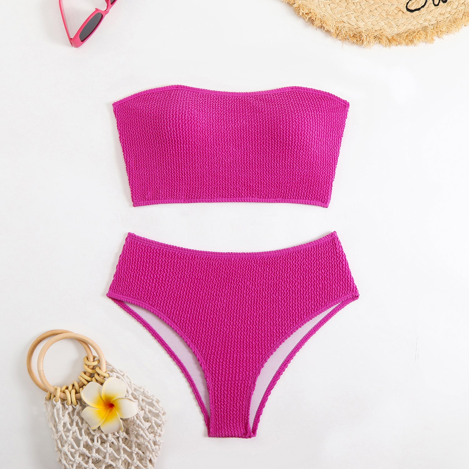 Damen Bandeau-Bikini mit strukturiertem Design und hohem Bund WW