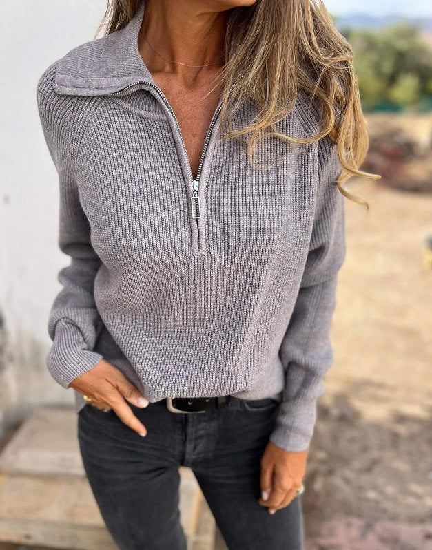 W&W Mode Einfarbiger Langarmstrick Reißverschluss Pullover Sweater