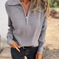 WW Einfarbiger Langarmstrick Reißverschluss Pullover Sweater