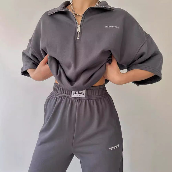 Damen lässiges Set mit Kurzarm-Hoodie und komfortabler Jogginghose WW