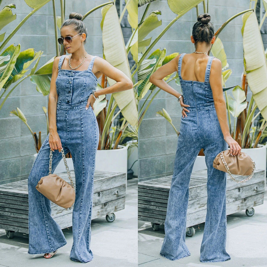 Damen Jumpsuit im lässigen Denim-Look mit weit geschnittenem Beinen und dekorativen Knöpfen WW