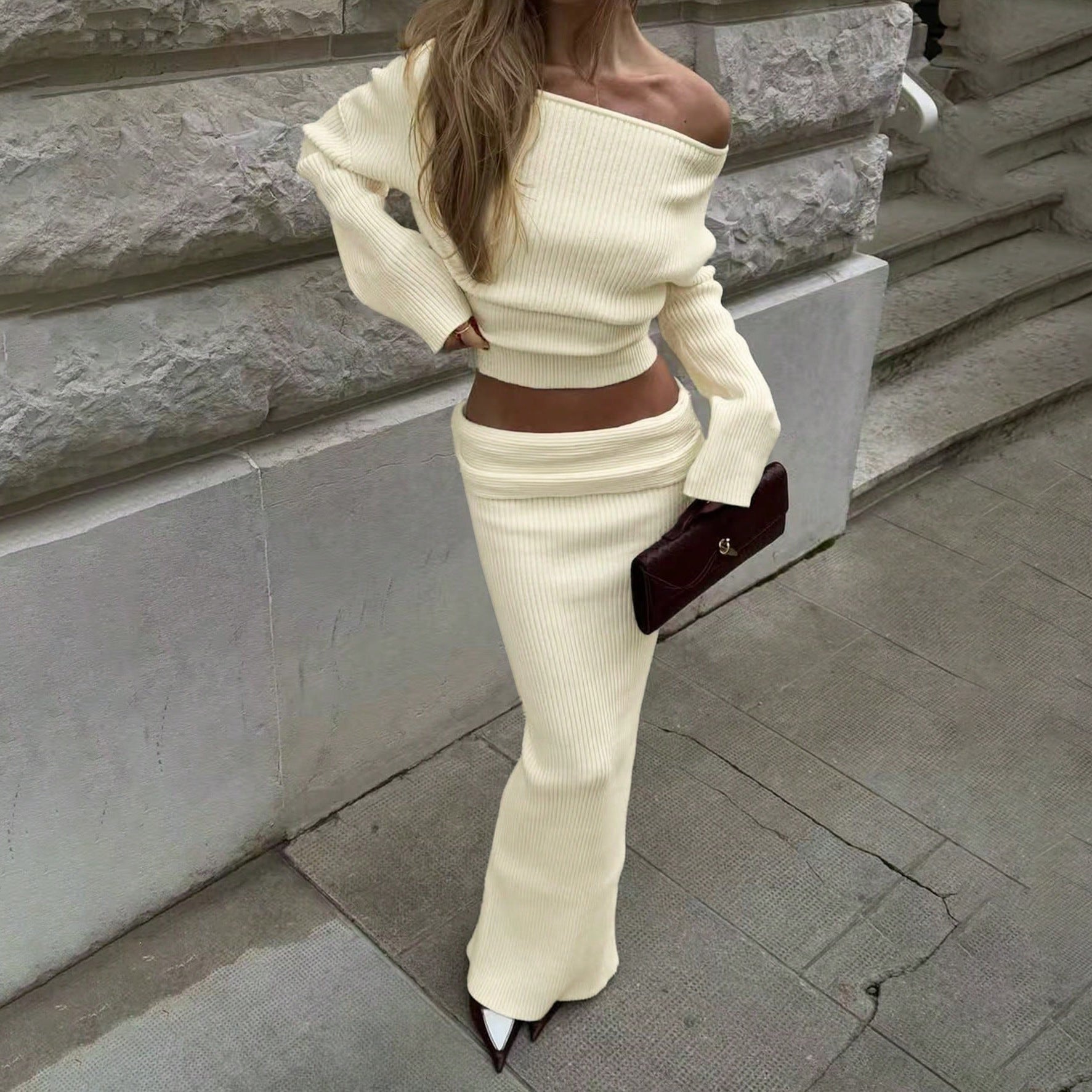 Damen Strick-Set mit schulterfreiem Oberteil und schickem Maxi-Rock WW