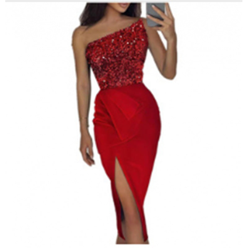 Damen Abendkleid mit asymmetrischem Design und funkelnden Pailletten WW