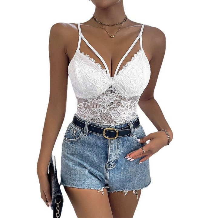 Damen Spitzen-Bodysuit mit verstellbaren Trägern und transparenter Vorderseite W&W Mode