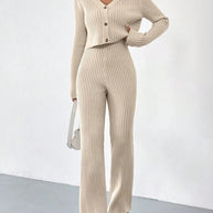 Damen Strick Set mit V-Ausschnitt und weitem Bein WW