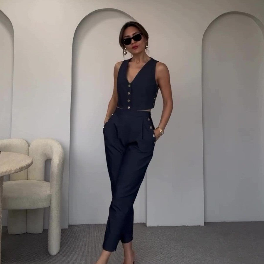 Damen Crop-Top mit eleganten Knöpfen und High-Waist-Hose WW