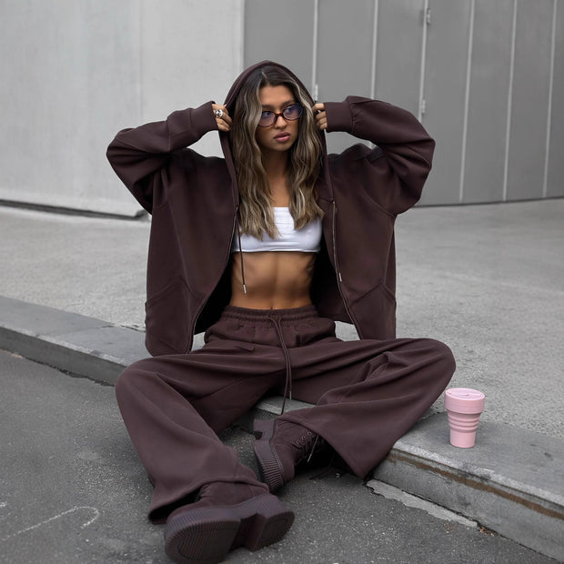Damen bequeme und lässige Kapuzenjacke mit weitem Schnitt und passenden Jogginghosen WW