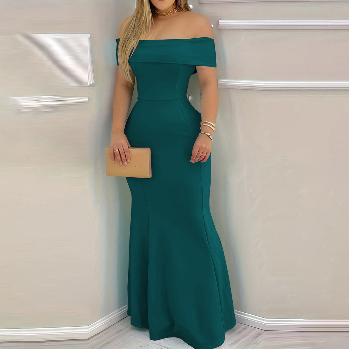 Damen elegantes schulterfreies Maxikleid mit figurbetontem Schnitt WW