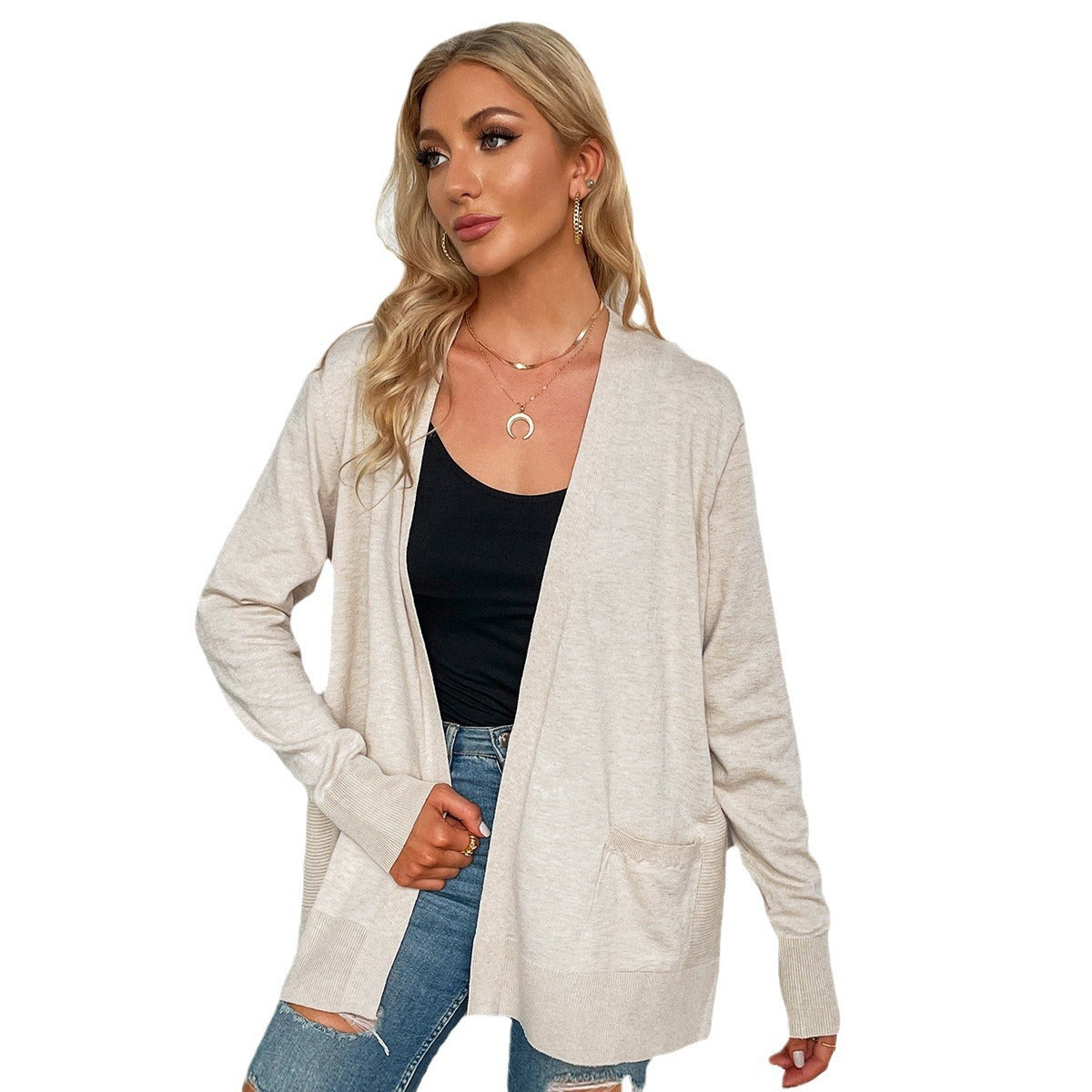 Damen lässiger Strickcardigan mit tiefem V-Ausschnitt und praktischen Taschen W&W