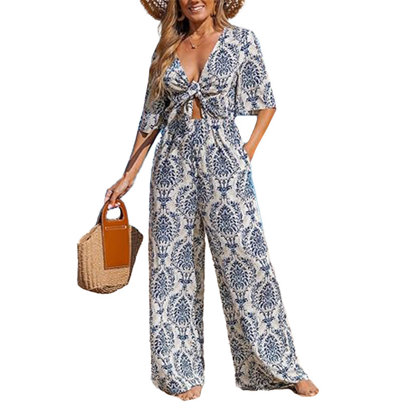 Damen Jumpsuit mit weitem Bein und elegantem Wickeldetail W&W Mode