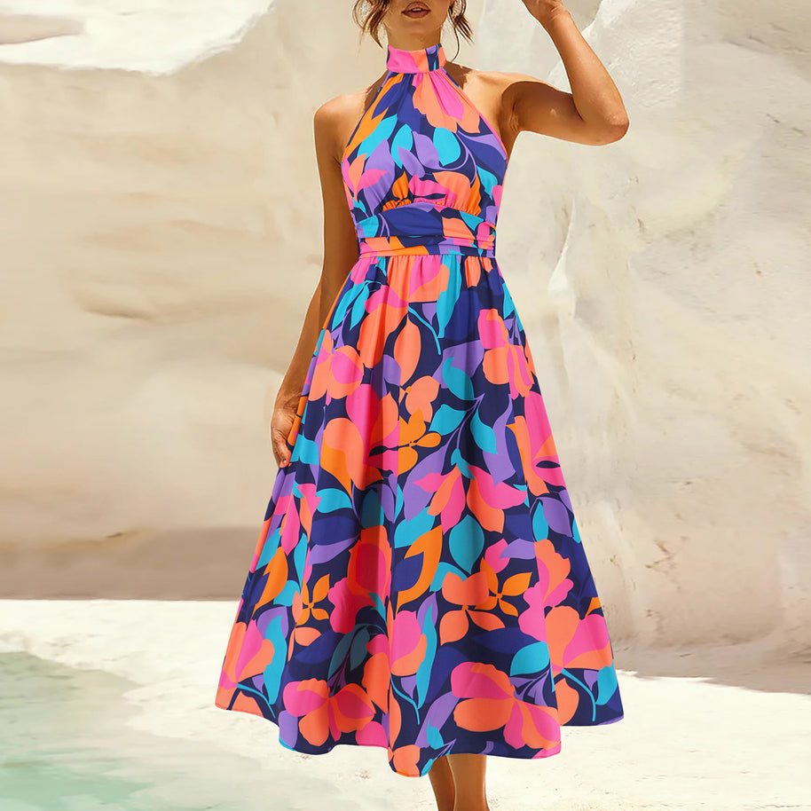 Damen Maxikleid mit hochgeschlossenem Kragen und buntem Blätterdruck WW