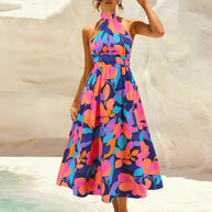 Damen Maxikleid mit hochgeschlossenem Kragen und buntem Blätterdruck WW