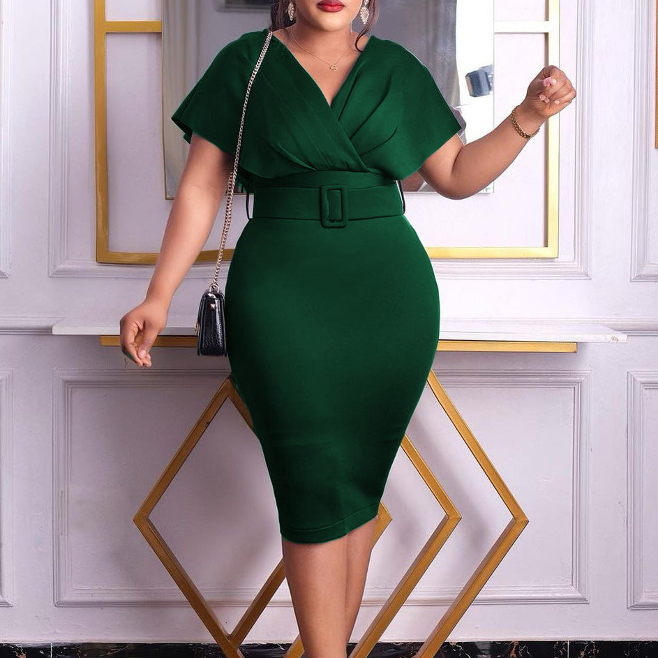WW | Damen V-Ausschnitt Figurbetontes Midi Kleid mit Gürtel