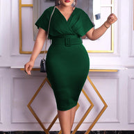 WW | Damen V-Ausschnitt Figurbetontes Midi Kleid mit Gürtel