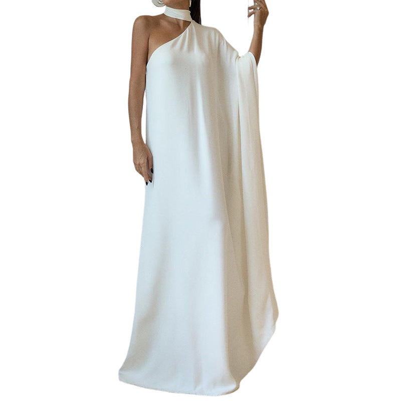 Damen elegantes One-Shoulder Abendkleid mit fließendem Stoff und schickem Kragen WW