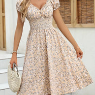 Damen Floral Midi-Kleid mit elastischem Bund und Puffärmeln WW