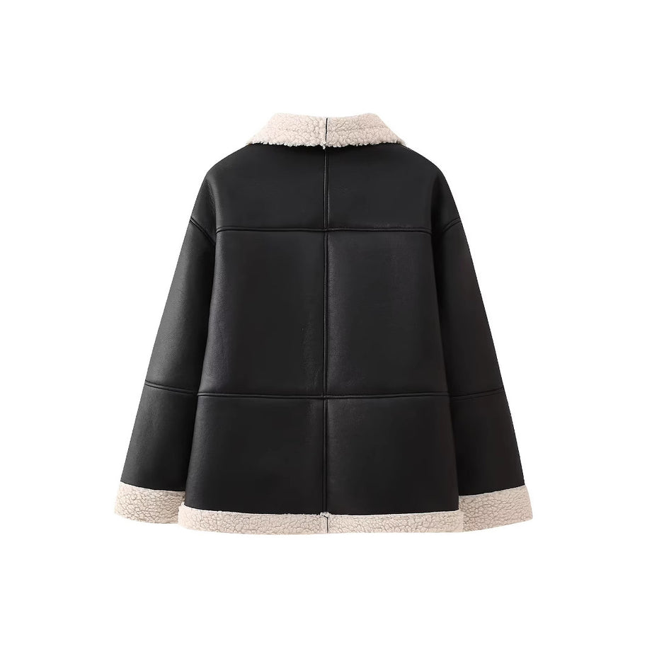 Damen angesagte Kunstlederjacke mit kuscheligem Innenfutter WW