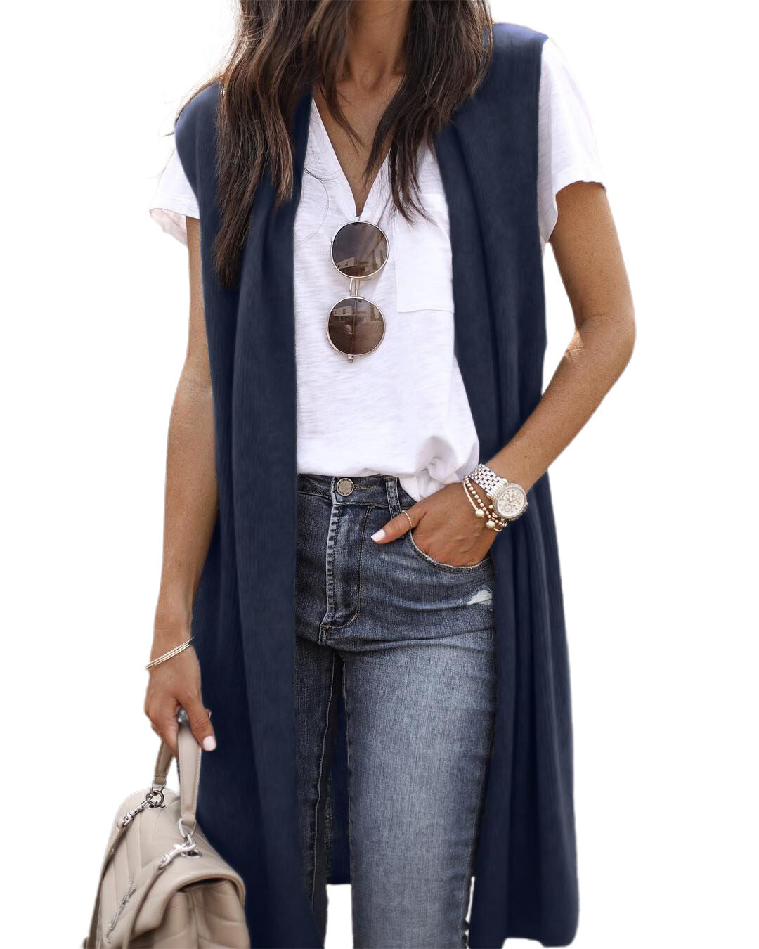 Damen offene Strickjacke mit lässigem Schnitt und langen Seitenpartien WW