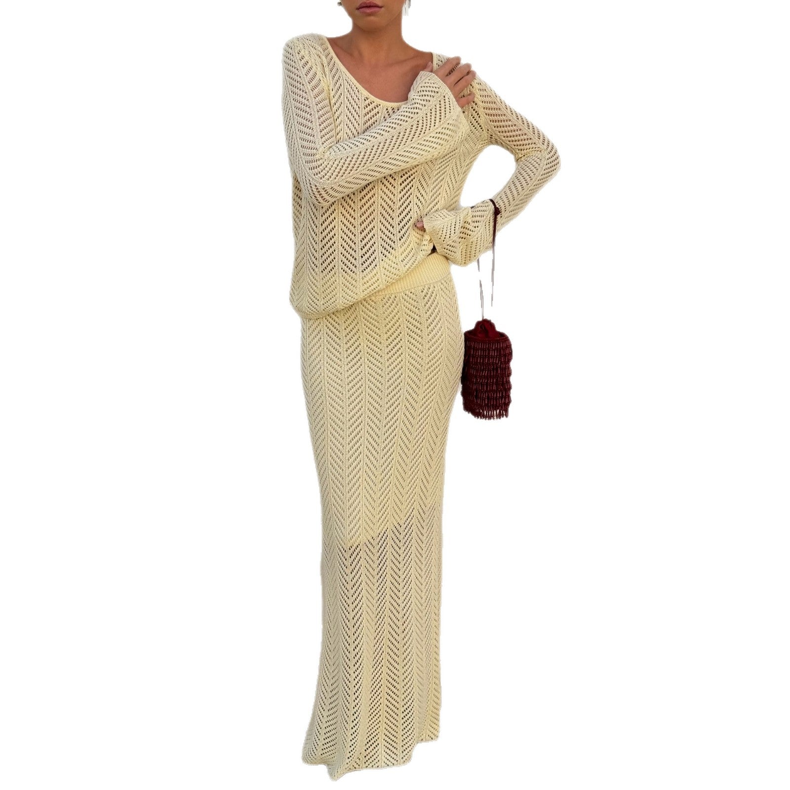 Damen Strickanzug mit raffinierten Häkelmustern WW