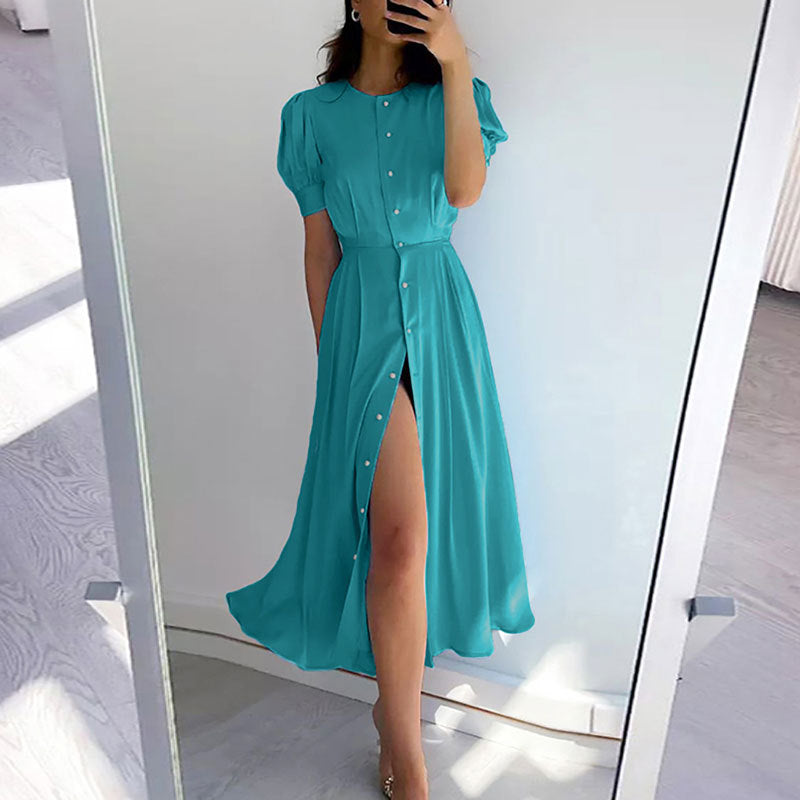 Damen Elegantes Maxikleid mit durchgehender Knopfleiste und asymmetrischem Schlitz WW