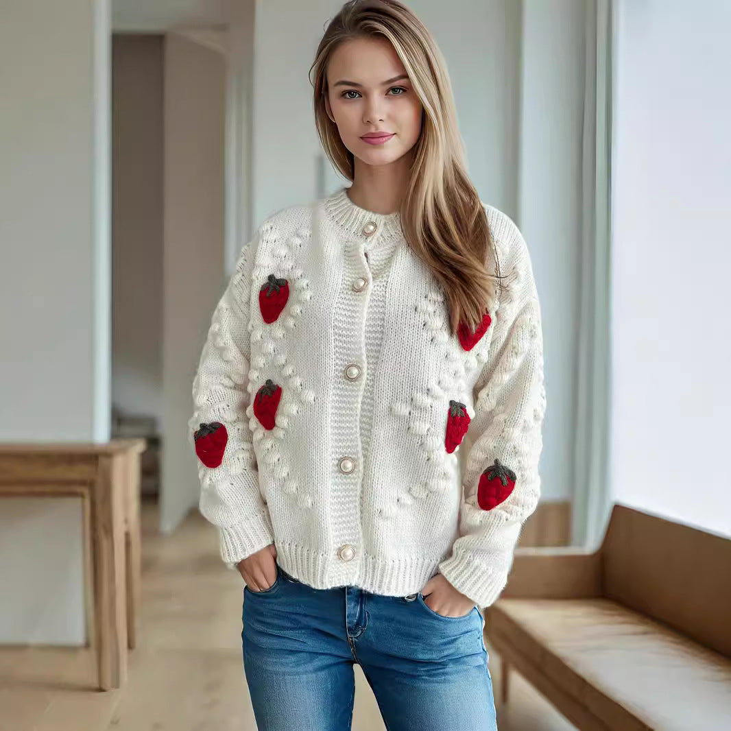Damen Strickjacke mit verspieltem Erdbeermotiv und Knopfdetails WW